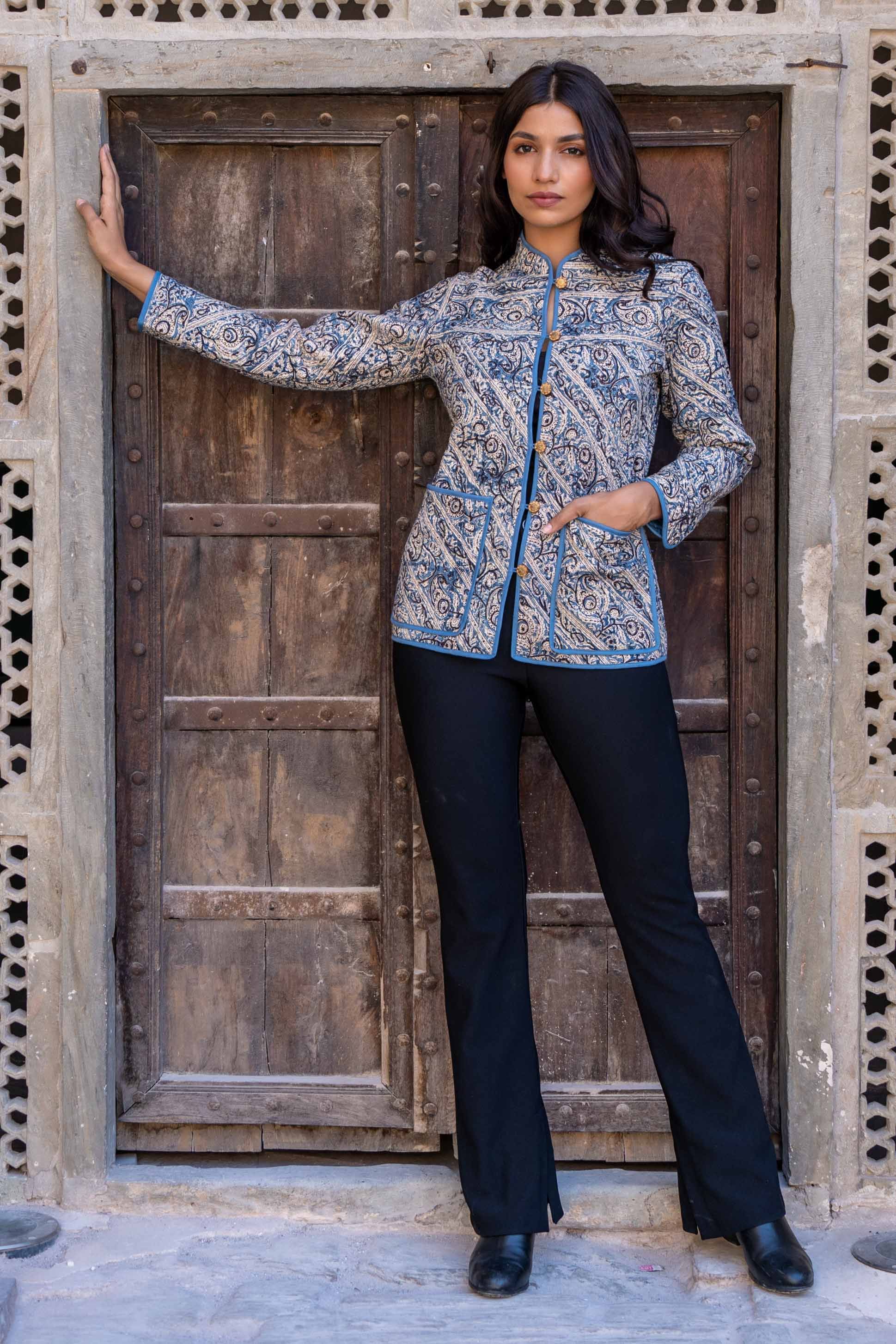 Blue Kalamkari Reversible Cotton Quilted Jacket