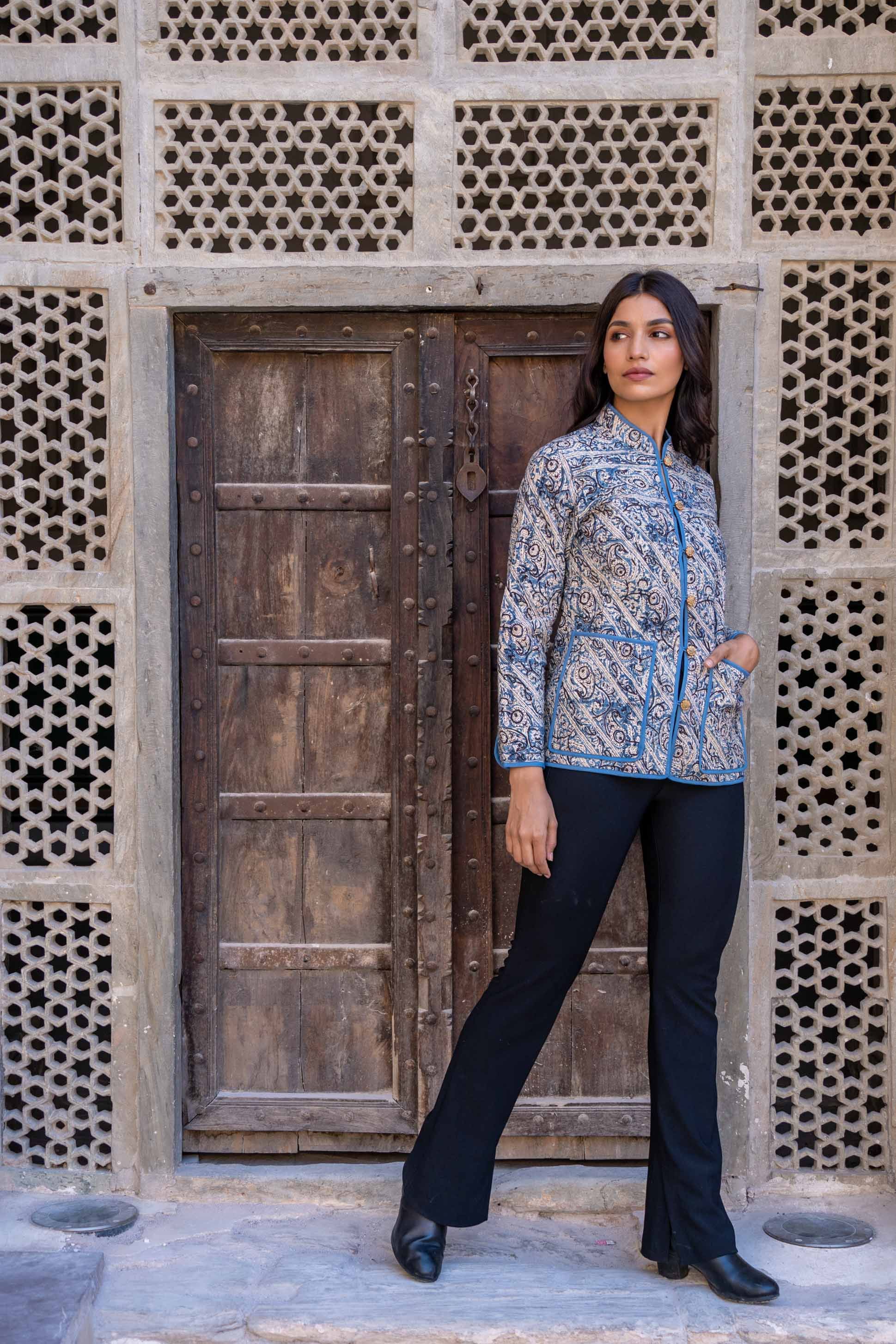 Blue Kalamkari Reversible Cotton Quilted Jacket