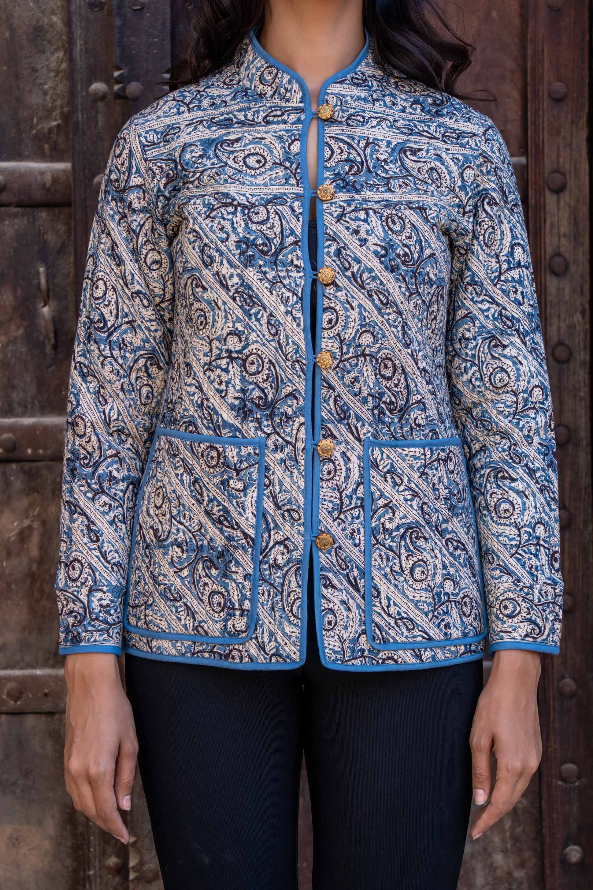 Blue Kalamkari Reversible Cotton Quilted Jacket