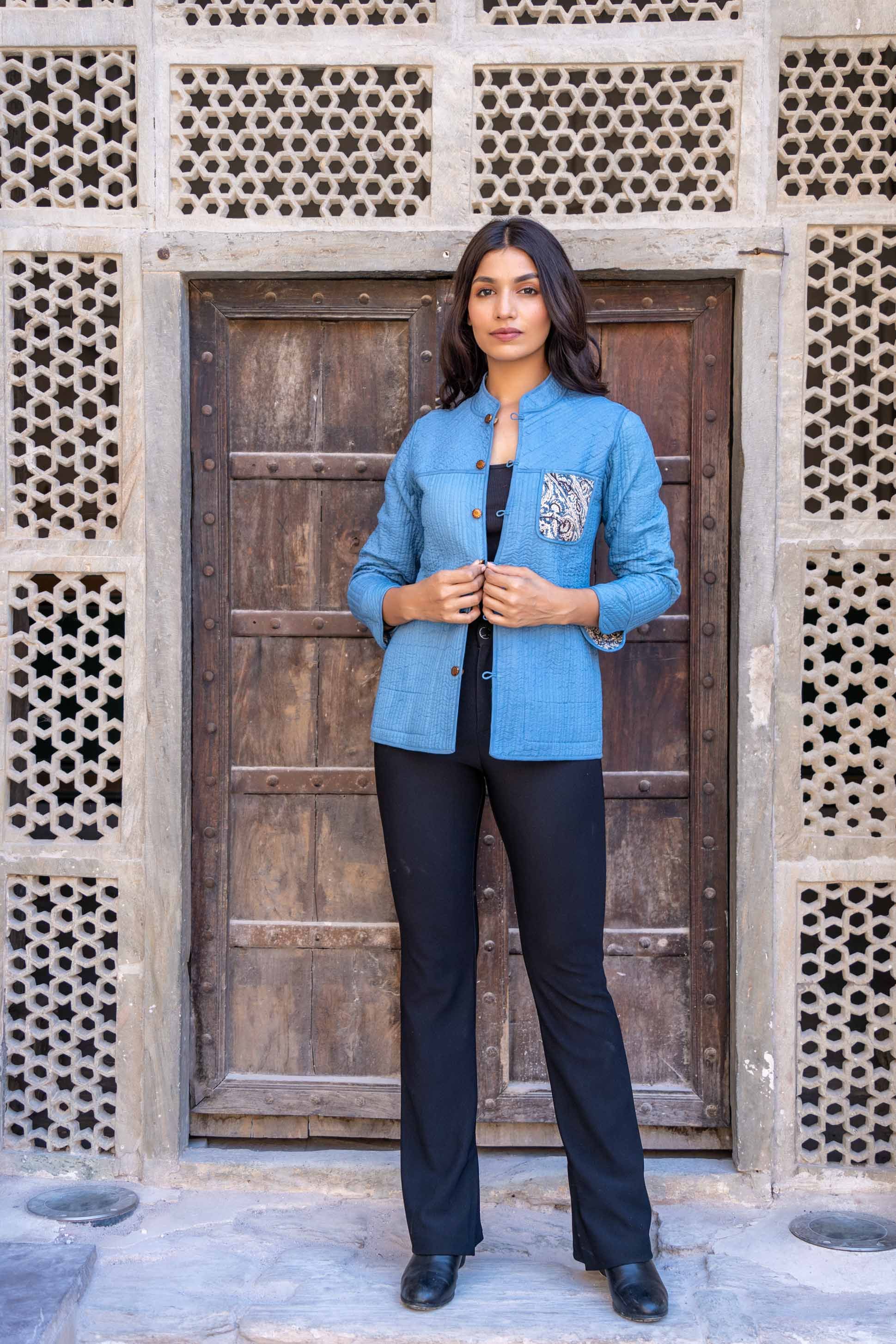 Blue Kalamkari Reversible Cotton Quilted Jacket