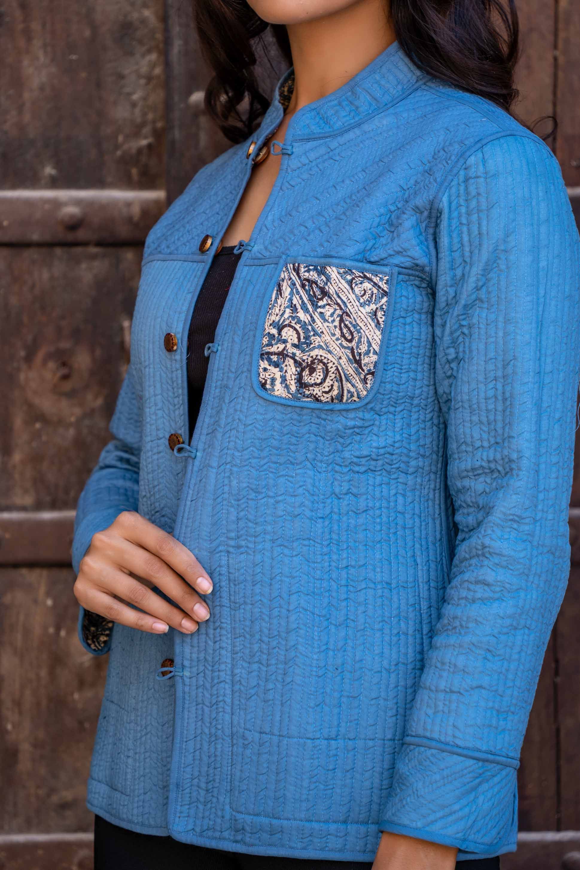 Blue Kalamkari Reversible Cotton Quilted Jacket