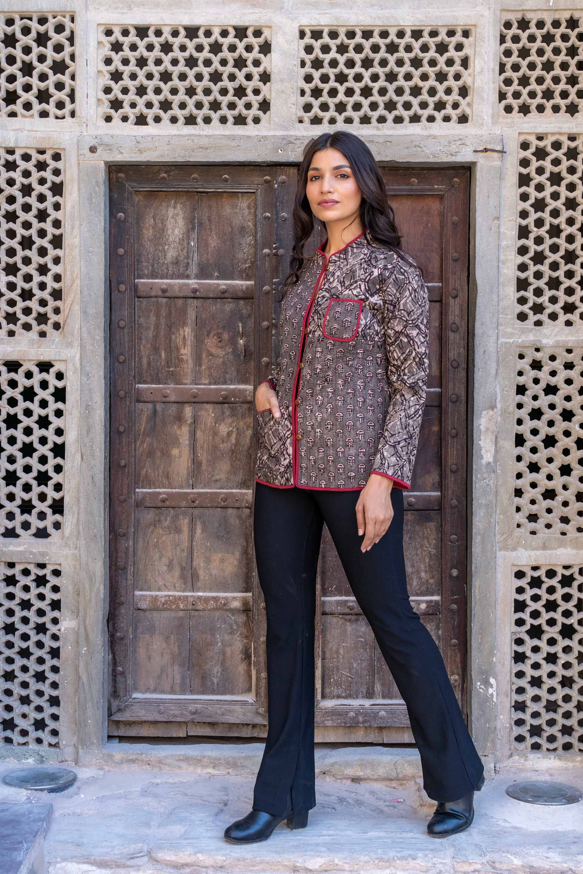 Natural Kashish Block Print Quilted Jacket