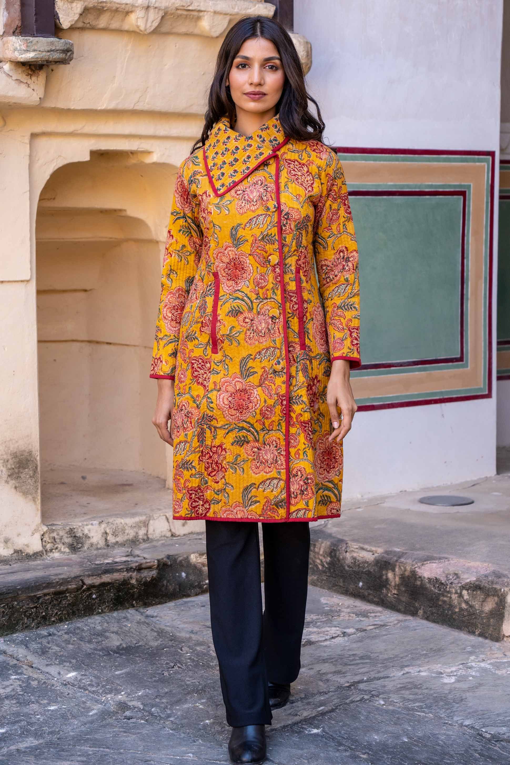 Golden Mustard Block Printed Quilted Bukhara Coat