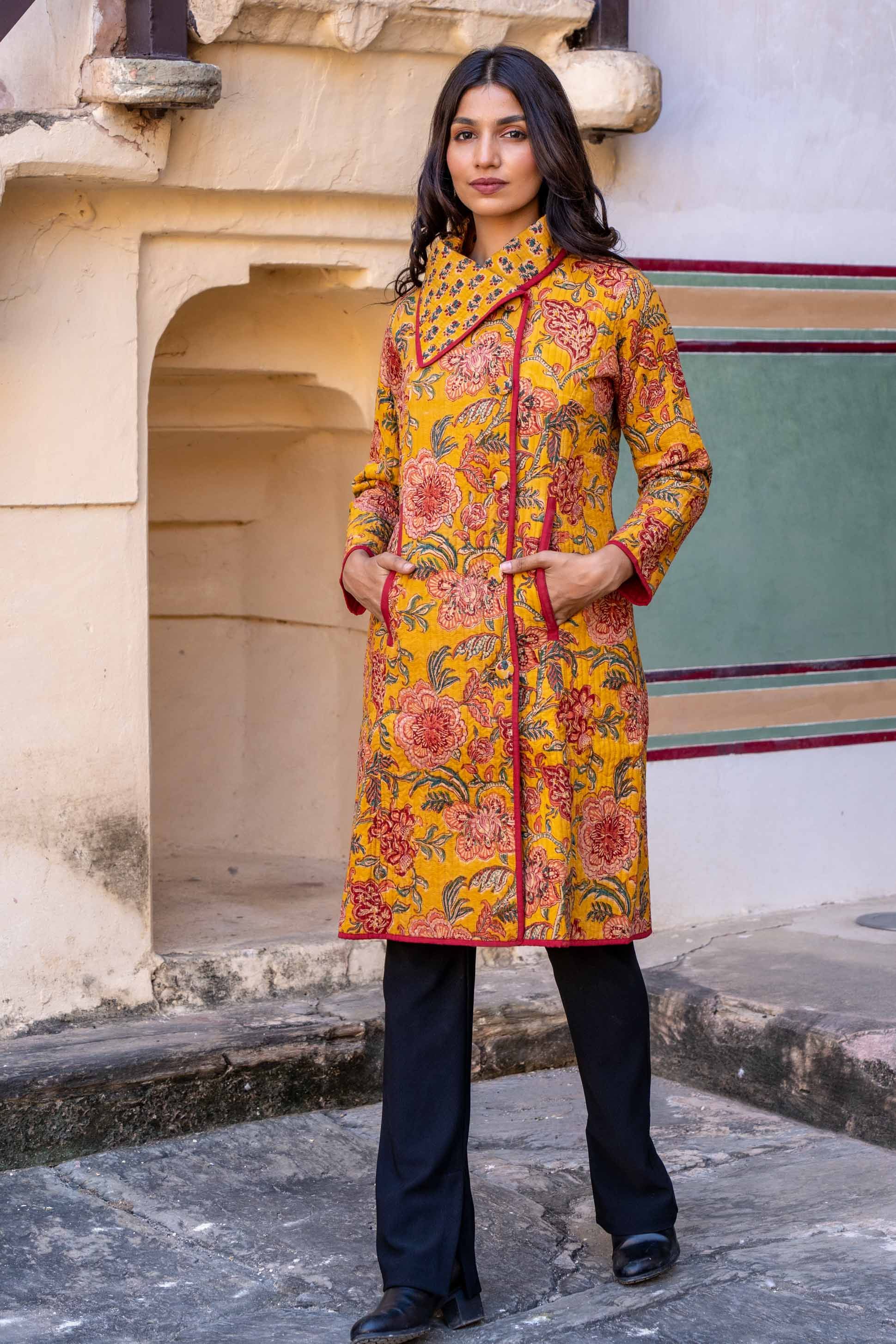 Golden Mustard Block Printed Quilted Bukhara Coat