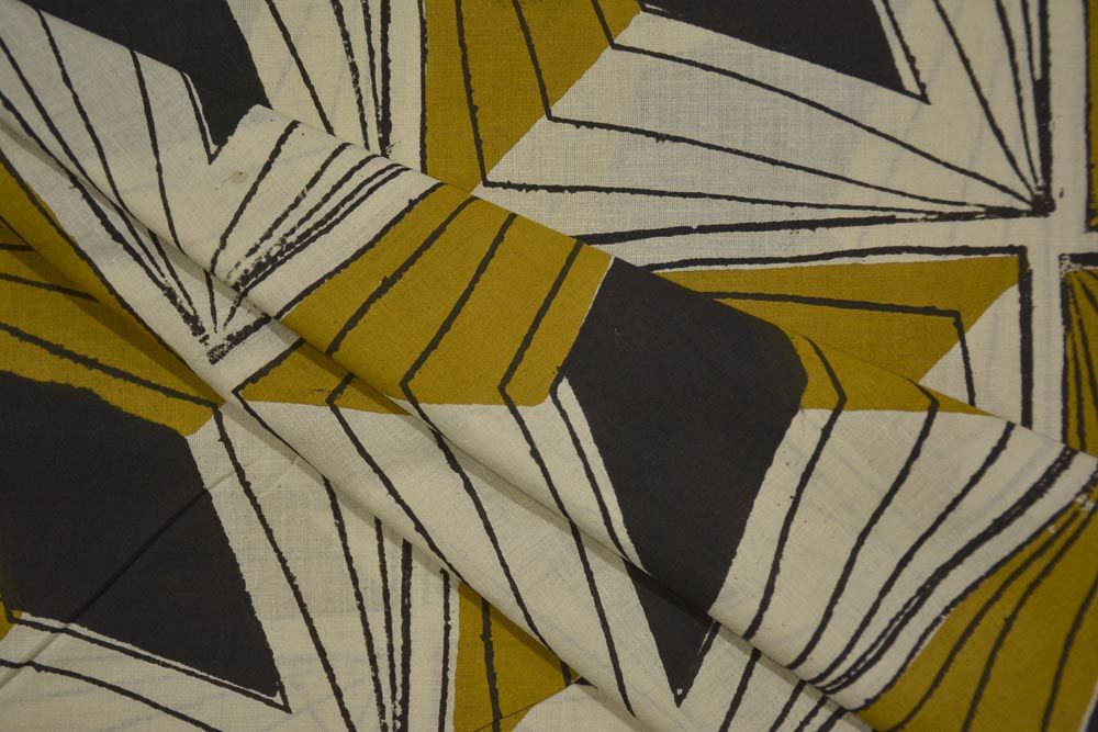 Mustard Black Bagru Block Print Cotton Fabric 