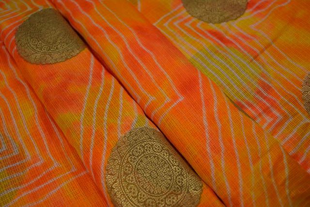 Foil Print Striped Orange Kota Doria Fabric