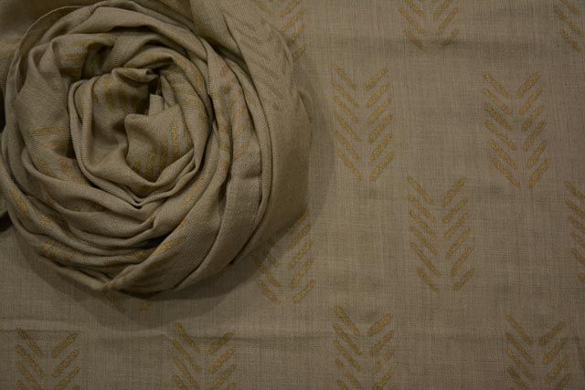 Cornstalk Brown And Gold Block Printed Pashmina Wool Fabric 