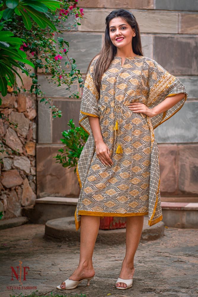 Mustard Bagru Block Printed Cotton Kaftan Dress