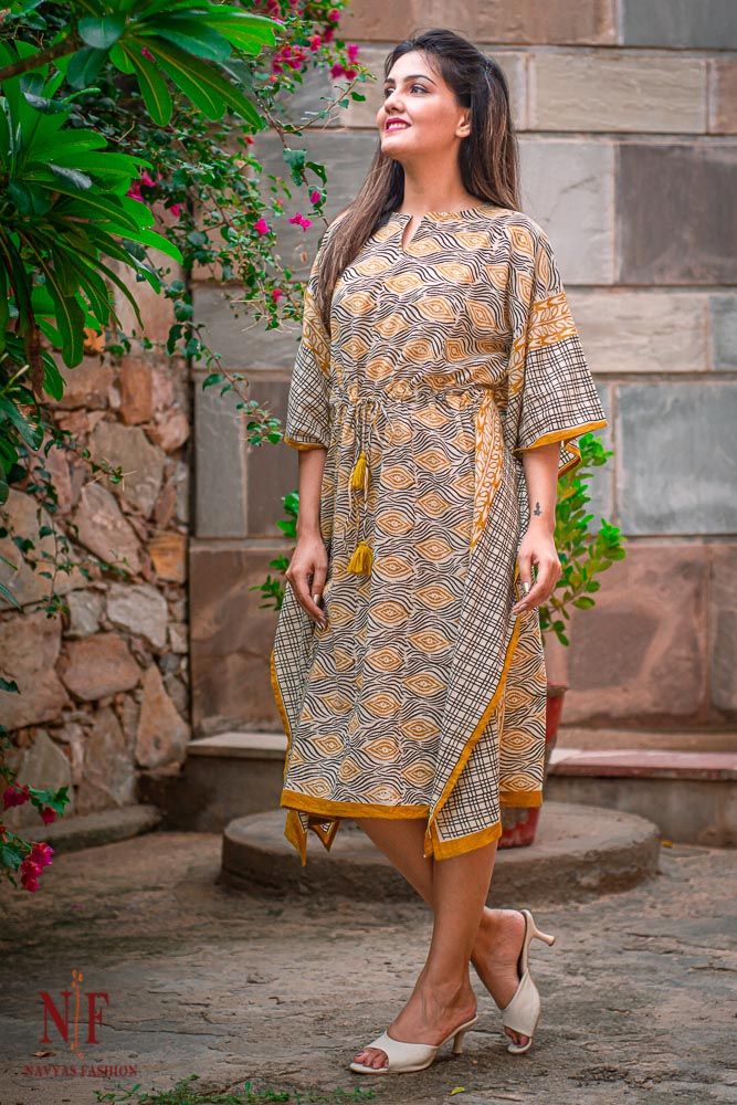 Mustard Bagru Block Printed Cotton Kaftan Dress