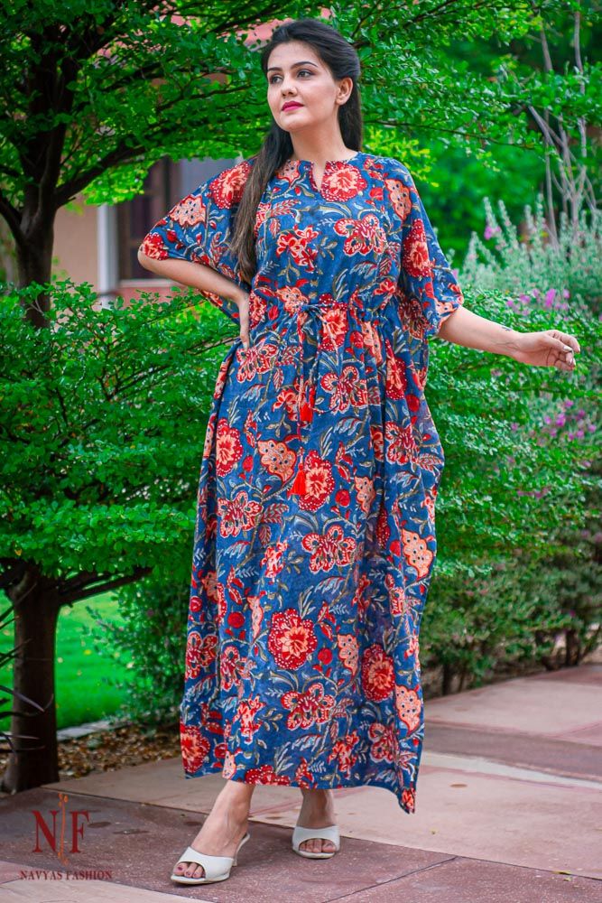 Blue Floral Mulmul Kaftan Dress