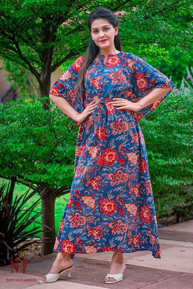 Blue Floral Mulmul Kaftan Dress