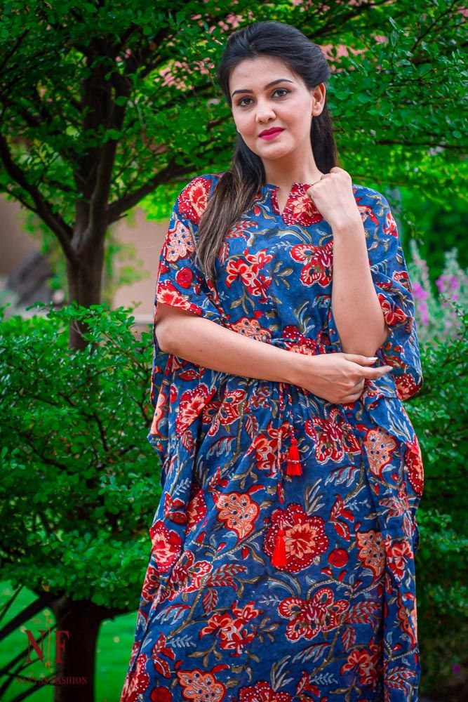 Blue Floral Mulmul Kaftan Dress