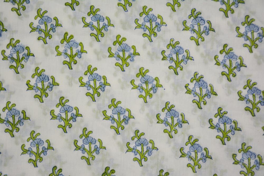 Green Blue Floral Hand Block Print Cotton Fabric