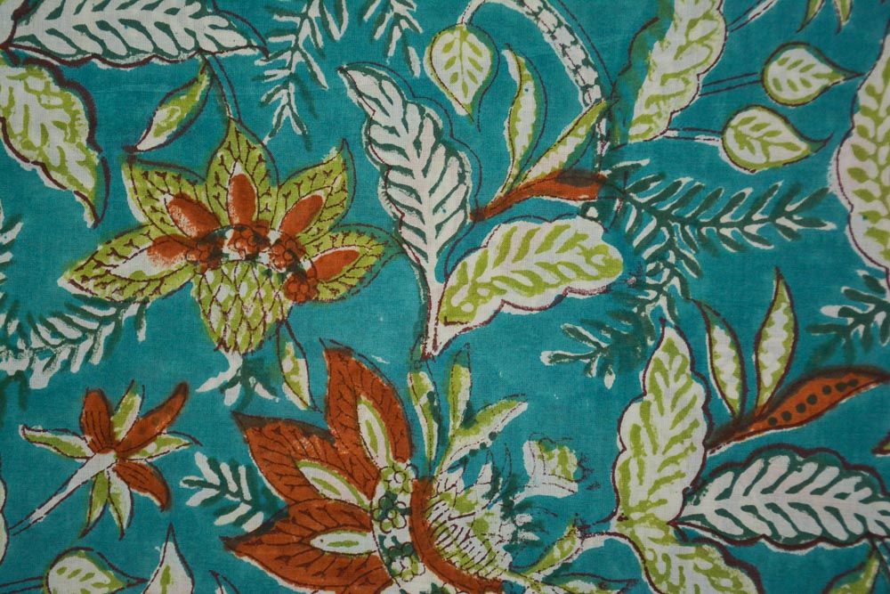 Green Floral Block Printed Cotton Fabric