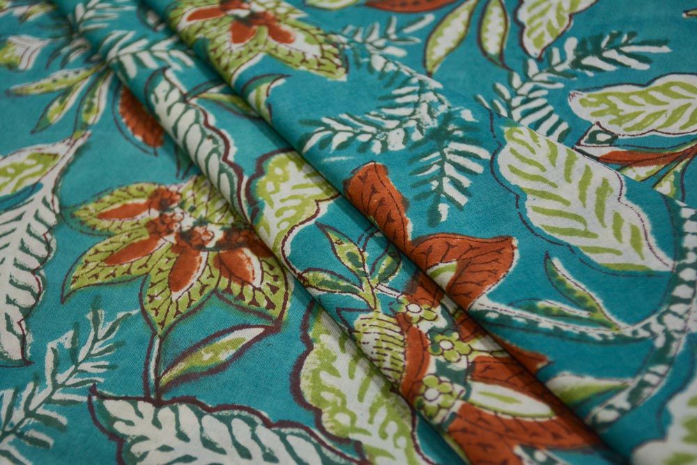 Green Floral Block Printed Cotton Fabric