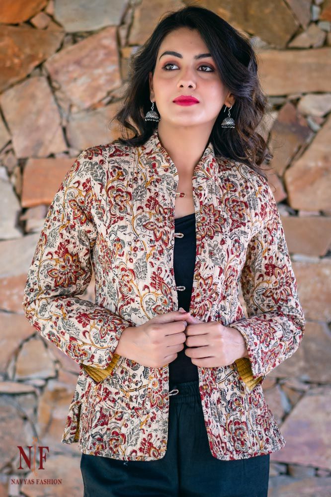 Floral Kalamkari Block Printed Reversible Cotton Quilted Jacket