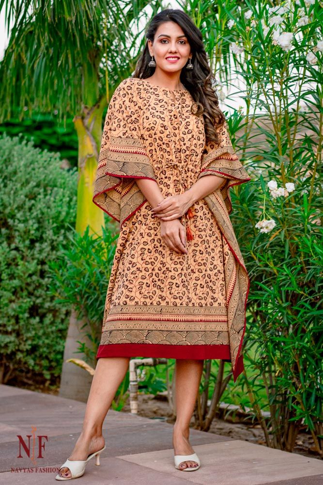 Sandy Brown Bagh Block Print Cotton Kaftan Dress