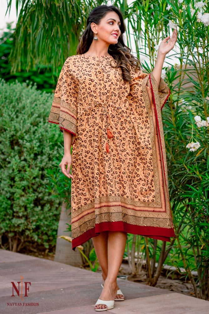 Sandy Brown Bagh Block Print Cotton Kaftan Dress