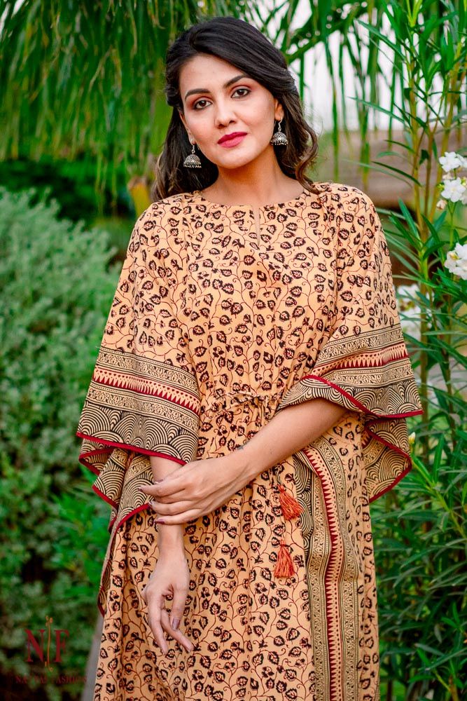 Sandy Brown Bagh Block Print Cotton Kaftan Dress