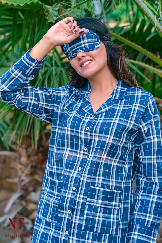 Blue White Checks Cotton Night Suit