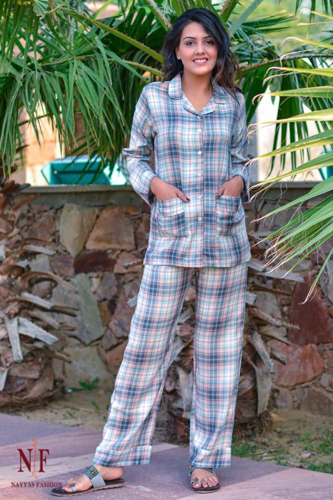 Grey Peach Checks Cotton Modal Night Suit