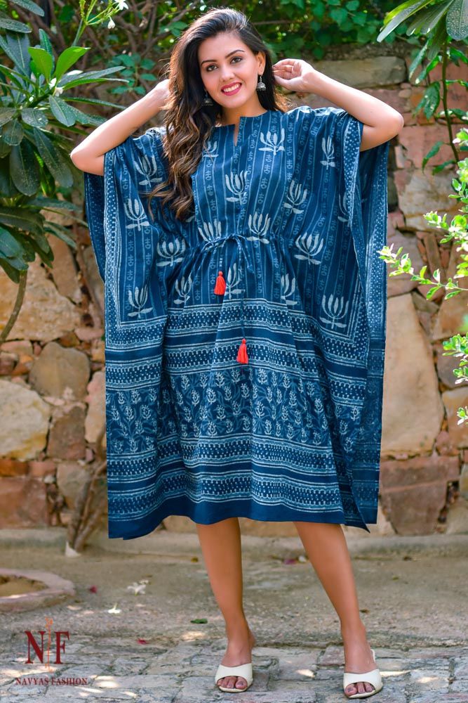 Natural Dye Indigo Lotus Print Kaftan