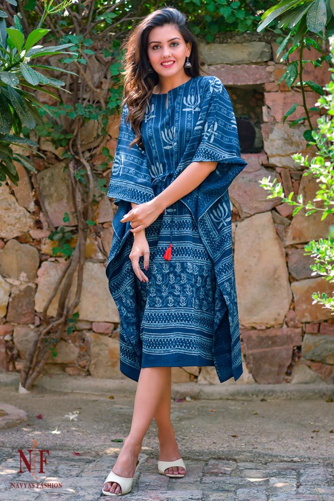 Natural Dye Indigo Lotus Print Kaftan