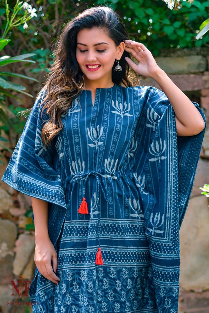 Natural Dye Indigo Lotus Print Kaftan