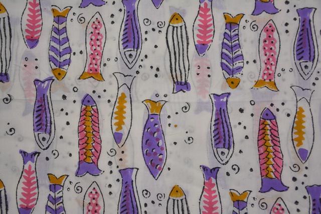 Multicolor Fish Block Printed Kids Cotton Fabric