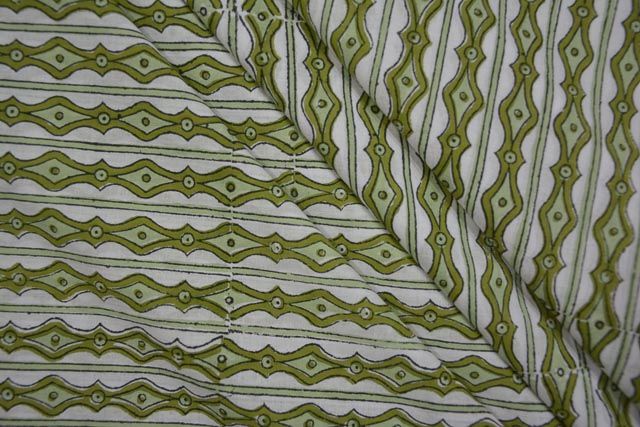 White And Green Striped Block Print Cotton Fabric