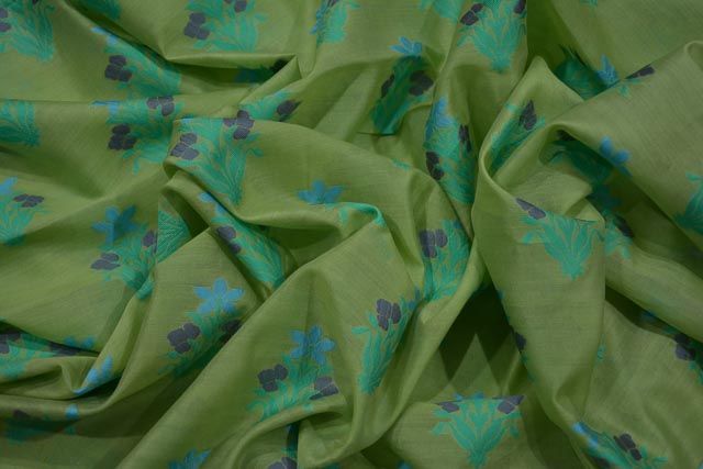 Green Embroidered Floral Silk Cotton Fabric 