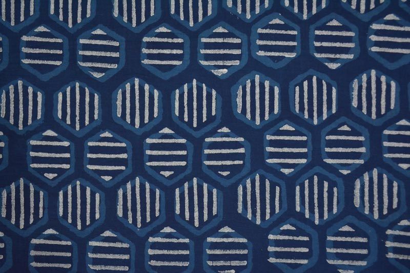 Indigo And Silver Hexagonal Block Printed Cotton Fabric 