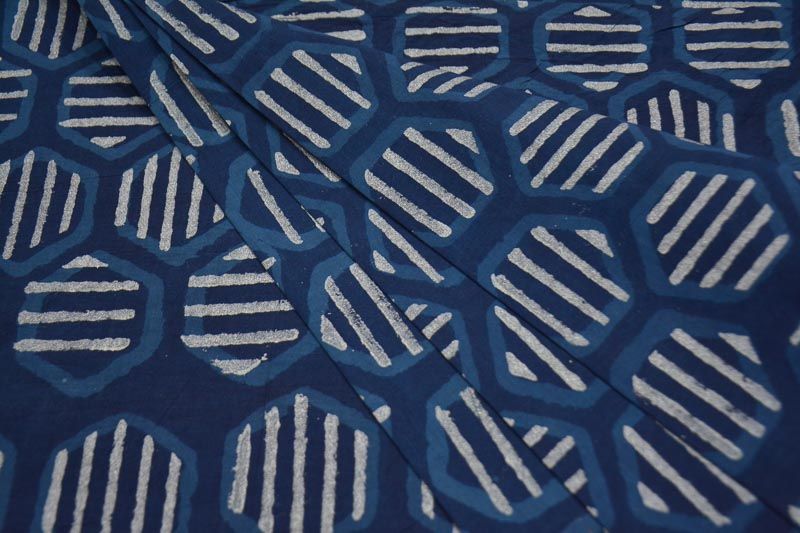 Indigo And Silver Hexagonal Block Printed Cotton Fabric 