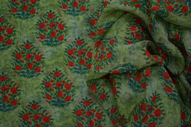 Spruce Green Floral Printed Chiffon Fabric By The Yard