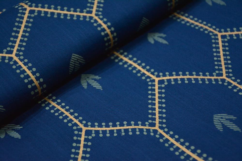 Navy Blue And Gold Hexagon Print Slub Rayon Fabric