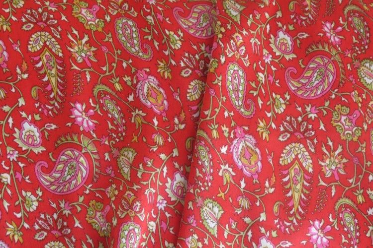 Red Paisley Polyester Satin Fabric