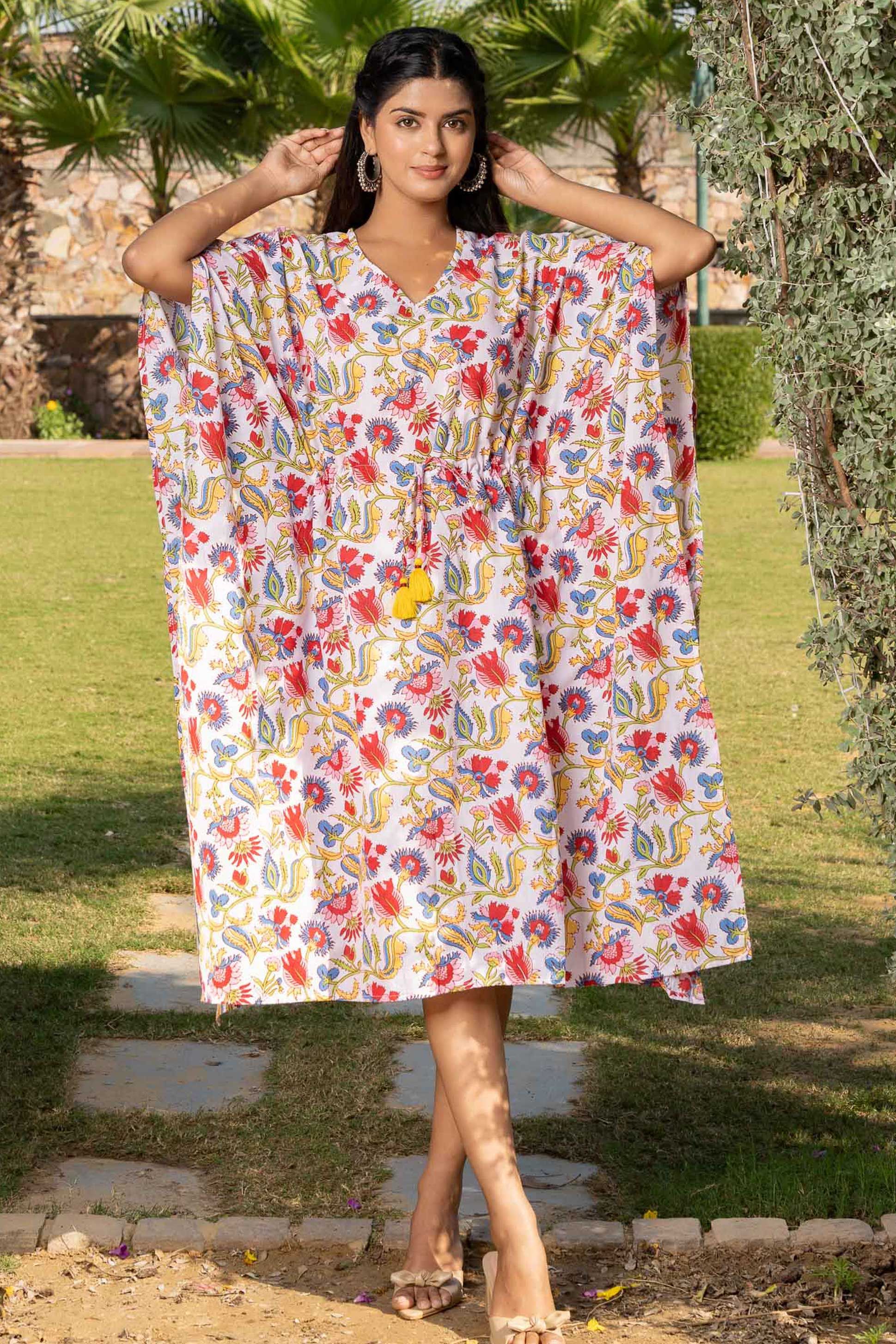 Multicolor Floral Printed Cotton Kaftan