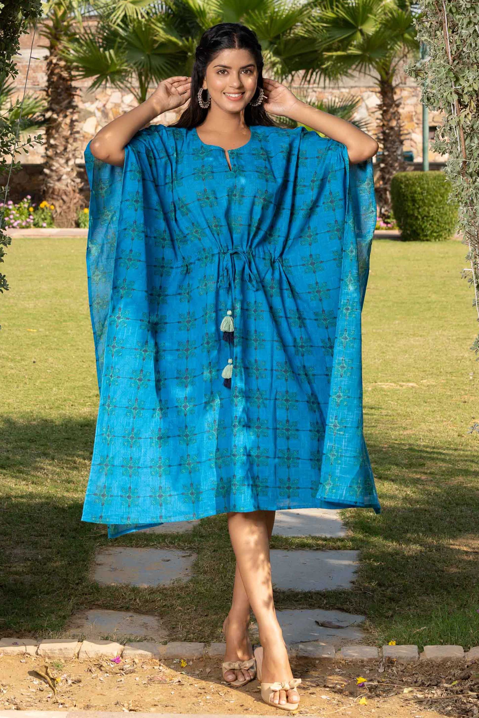 Blue Printed Slub Cotton Kaftan