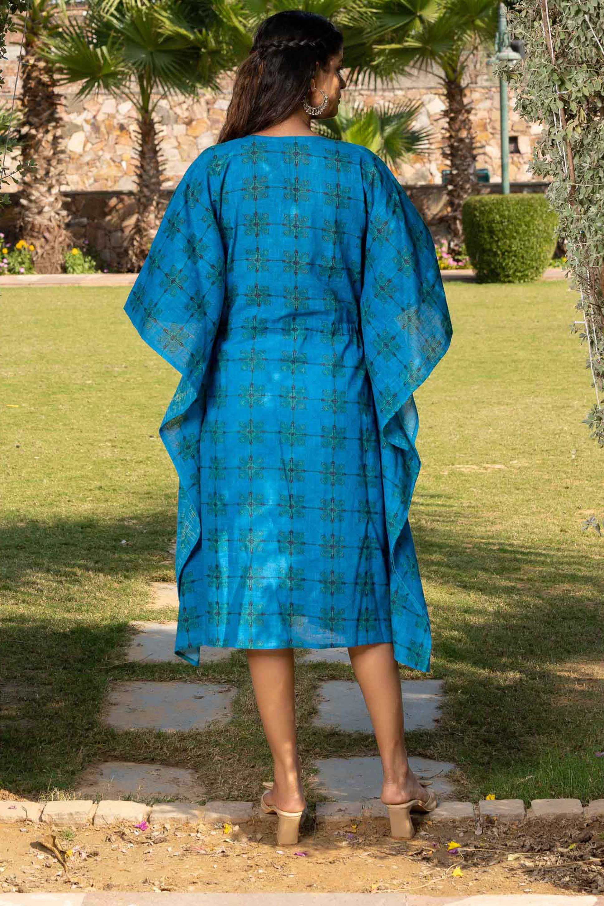 Blue Printed Slub Cotton Kaftan