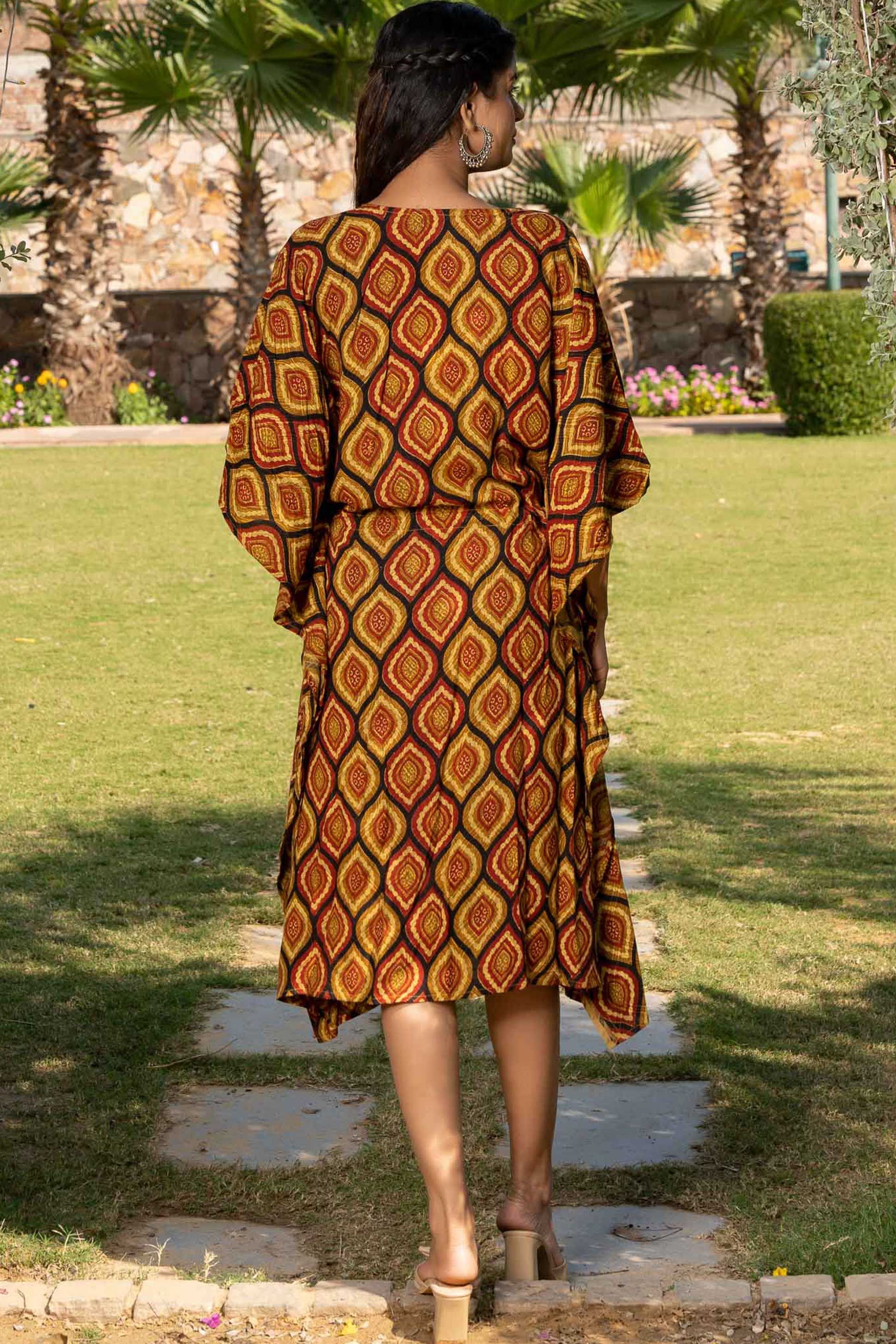 Mustard Printed Rayon Kaftan