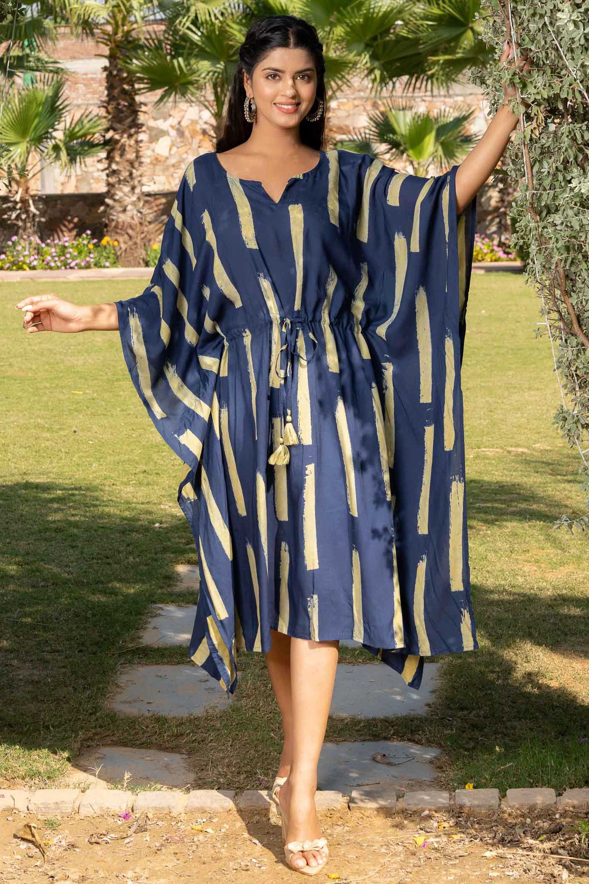 Navy Blue Printed Rayon Kaftan