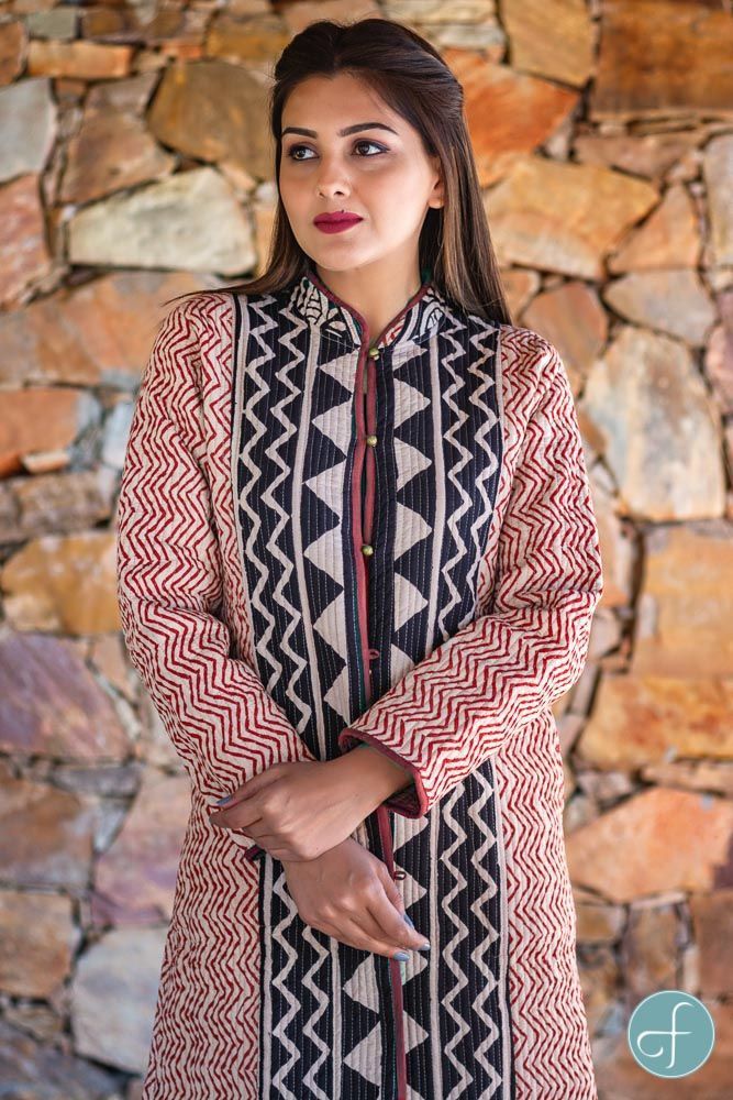 Maroon Bagru Block Printed Reversible Cotton Quilted Coat