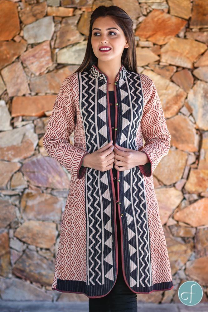 Maroon Bagru Block Printed Reversible Cotton Quilted Coat