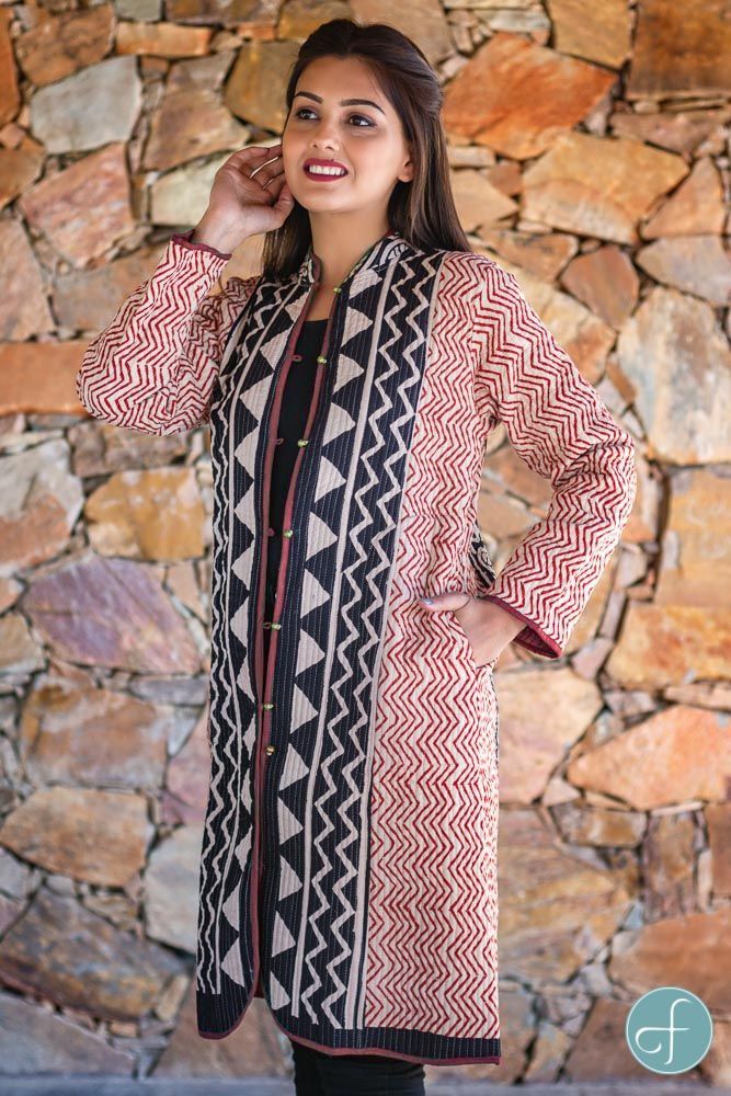 Maroon Bagru Block Printed Reversible Cotton Quilted Coat